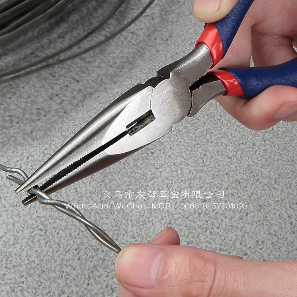 Nose pliers with plastic handle.