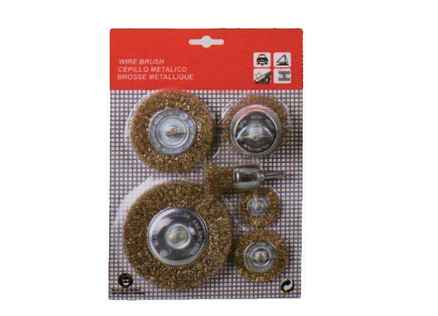 
	6pc brush set
	Contents:
	1pc cup brush: 50mm
	1pc end brush:25mm
	4pc circular brush:
	25mm, 38mm, 50mm, 75mm
	&nbsp;