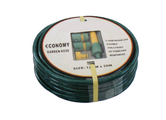 
	PVC garden hose with plastic connector & 5&rdquo; nozzle.