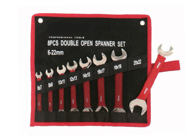 Combination wrench set, mirror polished surface, with red color dipped grip for comfortable use
Size: 8&times;(6, 8, 10, 12, 14, 17, 19, 22mm)