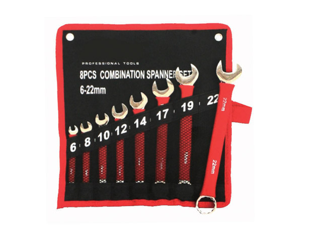 Double open end wrench set, mirror polished surface, with red color dipped grip for comfortable use
Size: 8&times;(6&times;7, 8&times;9, 10&times;11, 12&times;13, 14&times;15, 16&times;17, 18&times;19, 20&times;22mm)